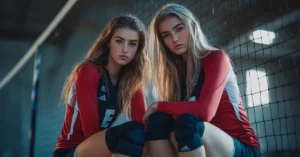 two female players wearing cute volleyball outfits with a red long sleeve and knee pads