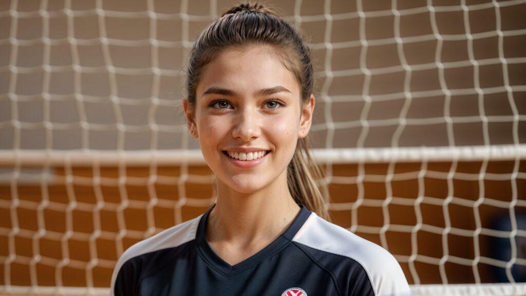 Quick & Stylish: 25+ Easy Volleyball Hairstyles You Must Try 1 A girl with an easy volleyball hairstyles standing in front of a net