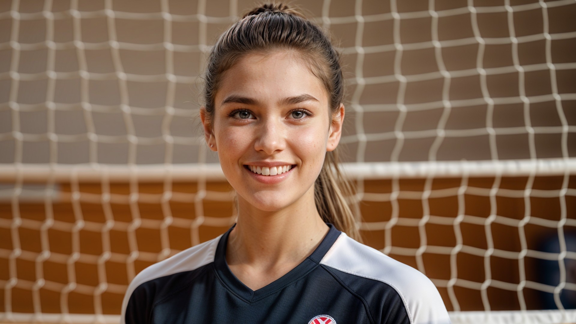 A girl with an easy volleyball hairstyles standing in front of a net
