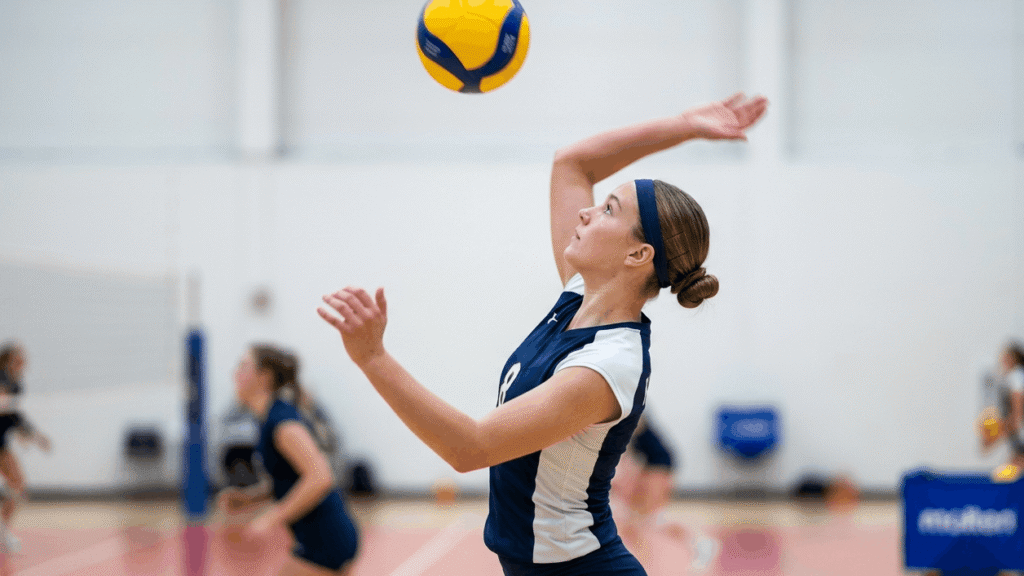 A young female volleyball player with short bob haircut styled into a neat low bun secured with a sports headband on an indoor volleyball court during practice.