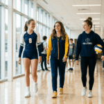 Volleyball Outfits for School: Cute & Comfy Ideas in 2026 3 Three teenage girls wearing stylish volleyball-inspired school outfits walking together through a bright modern high school hallway.