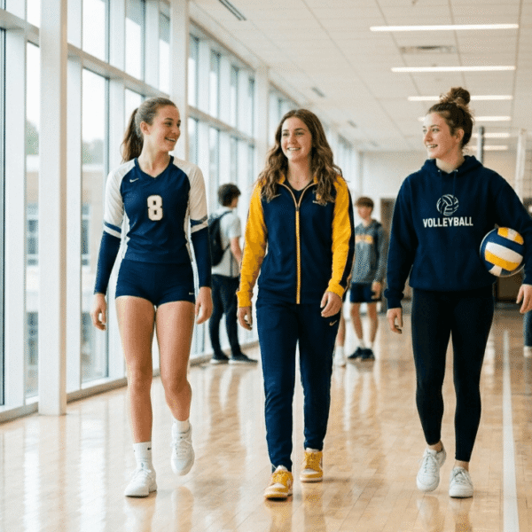 Three teenage girls wearing stylish volleyball-inspired school outfits walking together through a bright modern high school hallway.