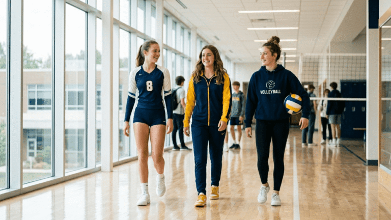 Volleyball Outfits for School: Cute & Comfy Ideas in 2026 43 Three teenage girls wearing stylish volleyball-inspired school outfits walking together through a bright modern high school hallway.