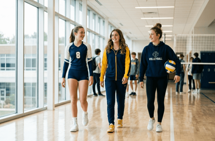 Three teenage girls wearing stylish volleyball-inspired school outfits walking together through a bright modern high school hallway.