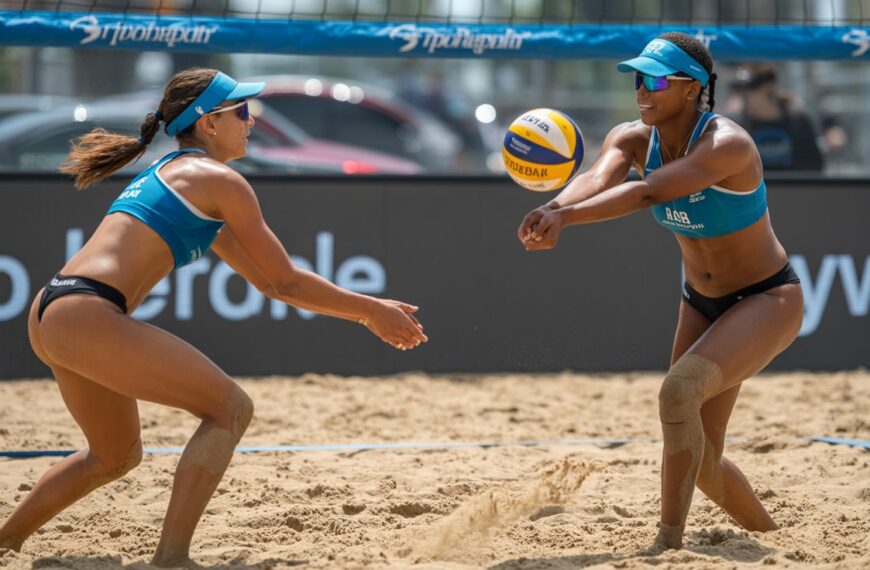 Two female beach volleyball players in athletic sportswear